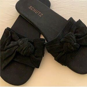 SCHUTZ Black Leather Suede Slide Sandals